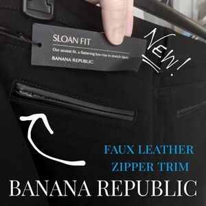 NWT Leather TRIM (Faux) Banana Republic Black Stretch Trousers